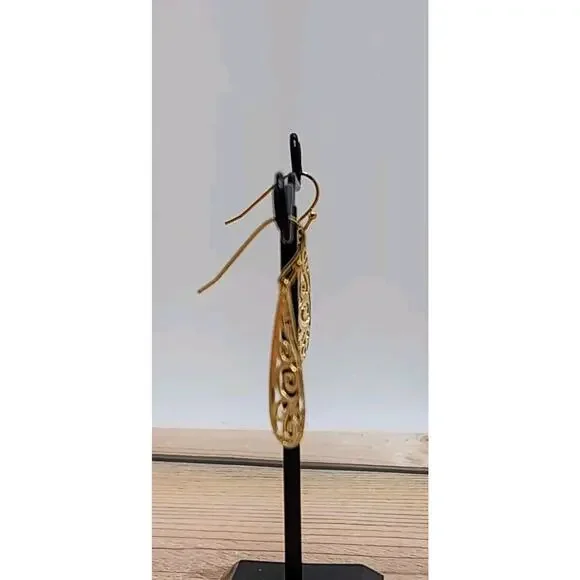 Yellow Gold Plated Sterling Silver Teardrop Filigree Drop Dangle Hook Earrings - Picture 5 of 9